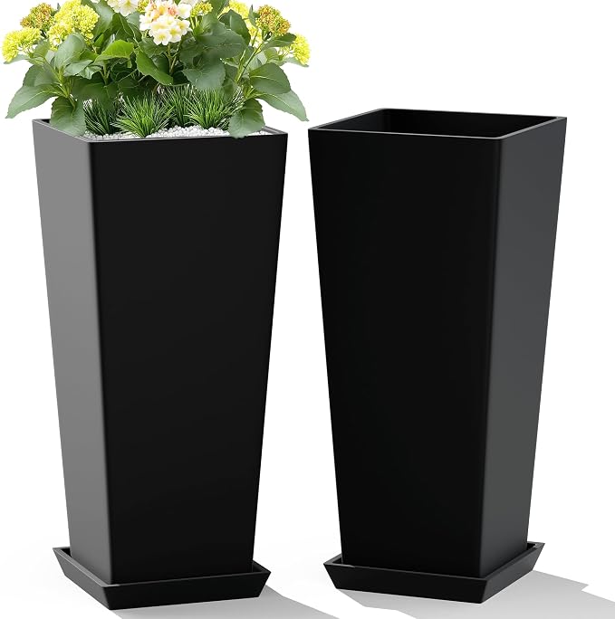 TUYOHW 24-Inch Tall Planters for Outdoor Plants, Set of 2, Black | Square tapered plastic planters with drainage trays for front porch, patio, entryway, backyard, or indoor plants
