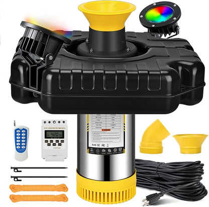 Pond Fountain Aerator with 2 RGB Lights, 1HP 110V 15000GPH Floating Fountain Pump with Timer, 100FT Power Cord, 2 x 100 FT Traction Rope, Aerating Fountains for Larger Outdoor Ponds, Lakes