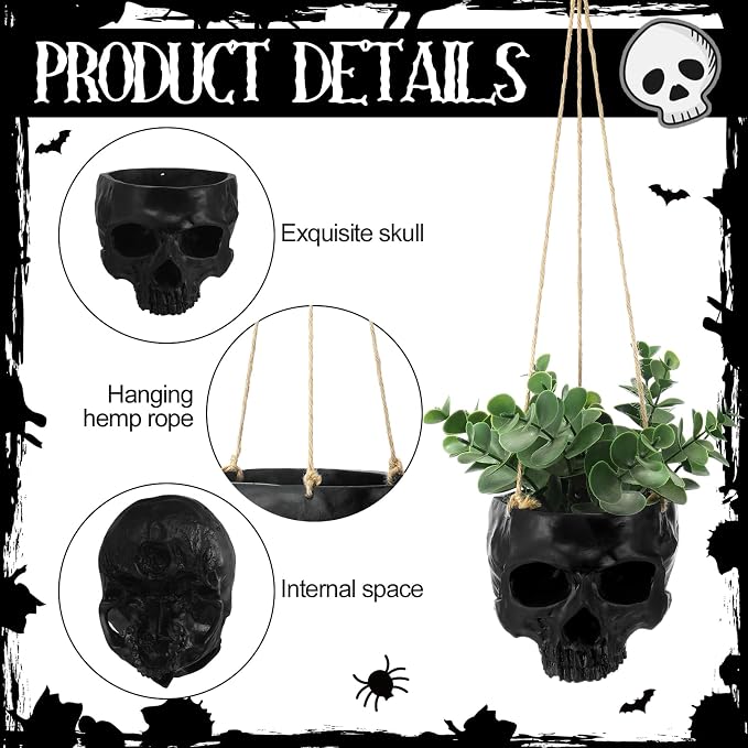 2 Pack Hanging Skull Planter Pot with Ropes Gothic Skeleton Plant Pot Skull Candy Bowl for Succulent Plants Flowers Horror Head Wall Decoration (Black)