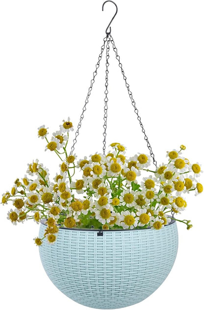 Vencer 11 Inch Round Resin Rattan Hanging Planters,Light Blue,VF-A15-B | Self Watering,Drain Hole,Metal Chain,Water Indicator,Indoor Outdoor