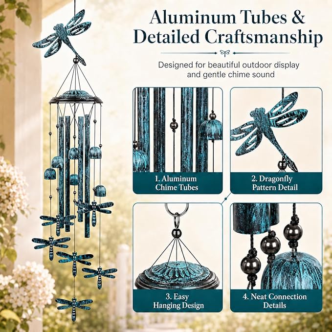 Dragonfly Wind Chimes for Outdoors, 35.4-Inch Aluminum Outdoor Wind Chimes - Dragonfly S Hook, Wind Bells Hanging Decorate for Patio, Porch, Yard, Balcony, Decorative Gift for Women, Mom