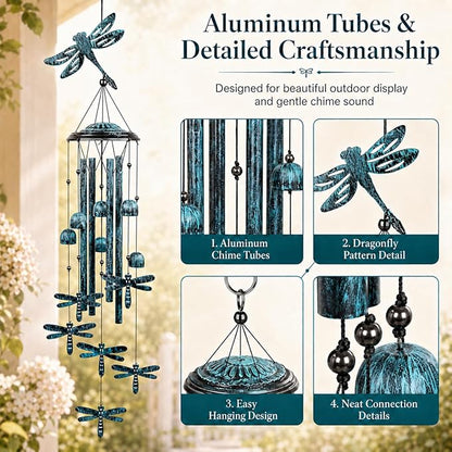 Dragonfly Wind Chimes for Outdoors, 35.4-Inch Aluminum Outdoor Wind Chimes - Dragonfly S Hook, Wind Bells Hanging Decorate for Patio, Porch, Yard, Balcony, Decorative Gift for Women, Mom