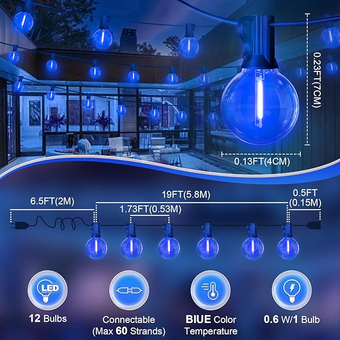 LAMPHOME LED Outdoor String Light, 26Feet Patio Lights with12+1Edison Shatterproof Bulbs(1Spare), UL Waterproof Outside Lights connectable Dimmable for Backyard Porch Decor,Blue