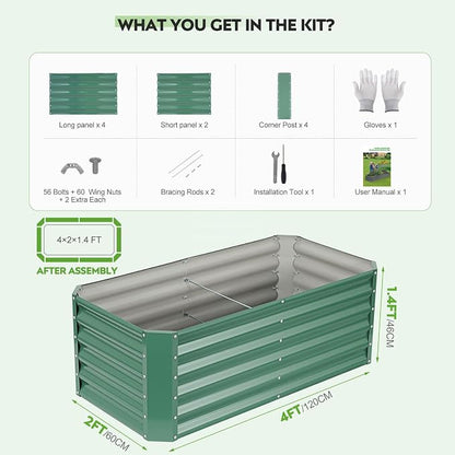 4×2×1.4ft Galvanized Raised Garden Bed Kit, Metal Planter Boxes Outdoor, High Raised Beds for Vegetables, Fruits, and Flowers - LotusGreen