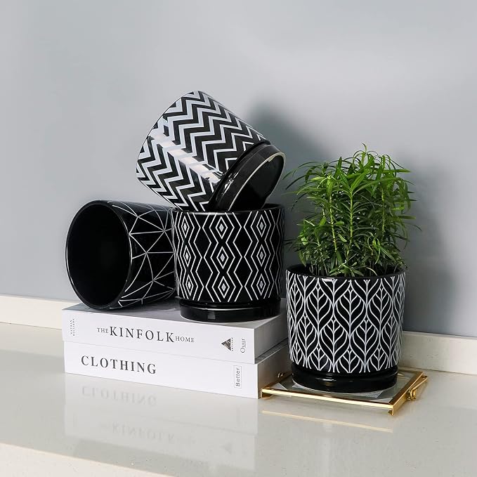 Ton Sin Flower Pots, 5.5 Inch Black Ceramic Planter Pot with Drainage Hole, Indoor Cylinder Plant Pots with Saucer, Cactus Succulent Pots Outdoor Garden Pots Set of 4