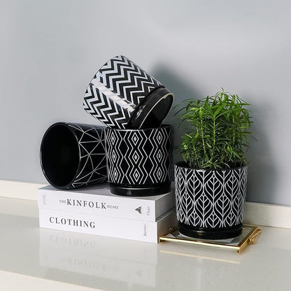 Ton Sin Flower Pots, 5.5 Inch Black Ceramic Planter Pot with Drainage Hole, Indoor Cylinder Plant Pots with Saucer, Cactus Succulent Pots Outdoor Garden Pots Set of 4