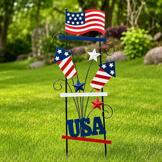 4th of July Decorations Outdoor, 30 Inch Metal Patriotic Garden Stakes, USA Yard Sign with American Flag, Red White and Blue Yard Decorations for Memorial Day Lawn Porch