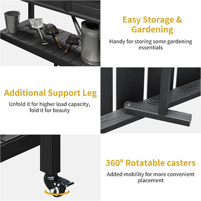 DWVO 47x18x31in Raised Garden Bed Outdoor HDPE with Legs and Lockable Wheels, Weather-Resistant Poly-Wood Elevated Planter Box, Double Tier Planters for Backyard Patio Balcony, Black