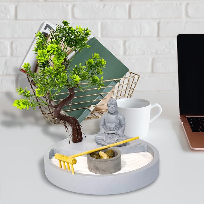 Round Shape, Zen Garden Tealight Candle Holder with a Mini Buddha Statue and a Bonsai Tree - A Perfect Japanese Art for Relaxation and Meditation - Free Your Mind with Our Mini Zen Garden Decor, Gray