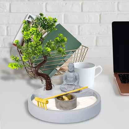 Round Shape, Zen Garden Tealight Candle Holder with a Mini Buddha Statue and a Bonsai Tree - A Perfect Japanese Art for Relaxation and Meditation - Free Your Mind with Our Mini Zen Garden Decor, Gray