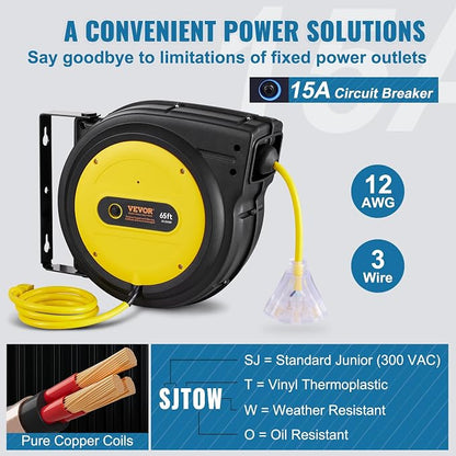 VEVOR Retractable Extension Cord Reel, 65 FT, Heavy Duty 12AWG/3C SJTOW Retractable Power Cord with Lighted Triple Tap Outlet, 15 Amp Circuit Breaker 180° Swivel Bracket for Ceiling or Wall Mount