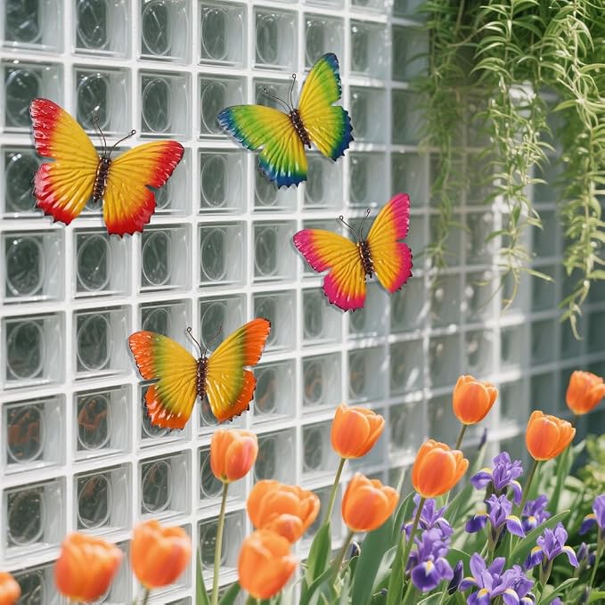 dreamskip 4 Pcs Metal Butterfly Wall Decor Art, Colorful Metal Butterflies Outdoor Wall Art, Hand-Crafted Outdoor Wall Decor For Yard, Garden, Fence, Patio, Living Room, Bedroom Decoration