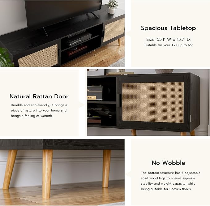 ZttRiee TV Stand with Rattan Doors for TVs up to 65", Mid-Century, Black | 54.7"W x 15.7"D x 18.9"H, 150 lbs capacity, 2 rattan-door cabinets & 1 shelf (4 compartments), 2 cord holes, 6 wood feet