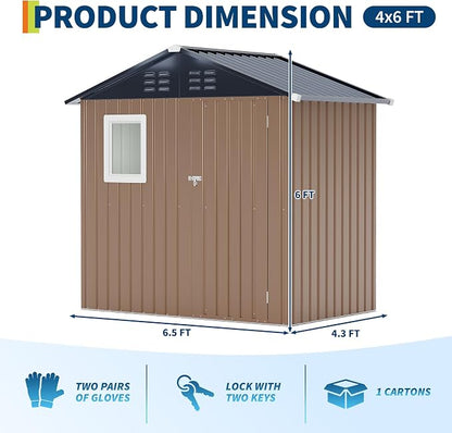 6x4 FT Outdoor Metal Storage Shed with Window – Lockable Doors & Air Vents, Large Garden Tool Shed for Backyard, Patio, Lawn