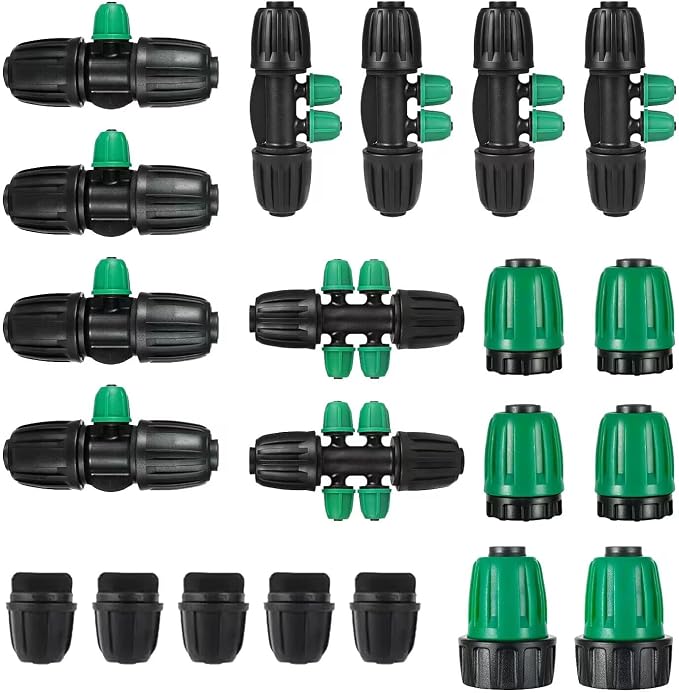 US Standard Faucet Adapter 2pc, 3/4 "Faucet to 1/2" Drip Irrigation Fitting,2pc 6-way Connector 4pc 4-way Connector 4 pc 3-way Connector 4pc 1/2 End Plug 5pc 1/4 End Plug
