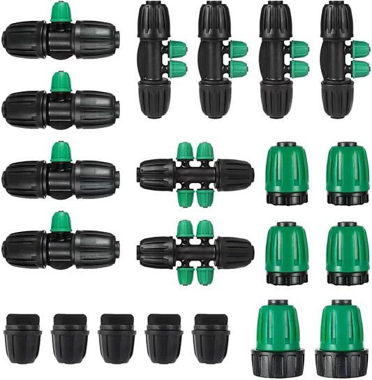 US Standard Faucet Adapter 2pc, 3/4 "Faucet to 1/2" Drip Irrigation Fitting,2pc 6-way Connector 4pc 4-way Connector 4 pc 3-way Connector 4pc 1/2 End Plug 5pc 1/4 End Plug