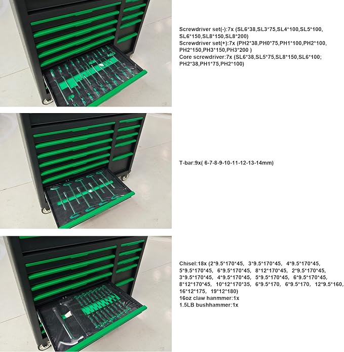 14-Drawers Rolling Tool Chest with Wood Workbench,Brake Casters,Lock & Key,Heavy-Duty Steel Tool Cabinet Storage, for Home,Garbge or Workshop Use (14 Drawer + 348 Pieces Tools)