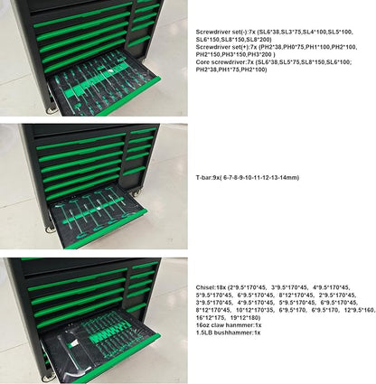 14-Drawers Rolling Tool Chest with Wood Workbench,Brake Casters,Lock & Key,Heavy-Duty Steel Tool Cabinet Storage, for Home,Garbge or Workshop Use (14 Drawer + 348 Pieces Tools)