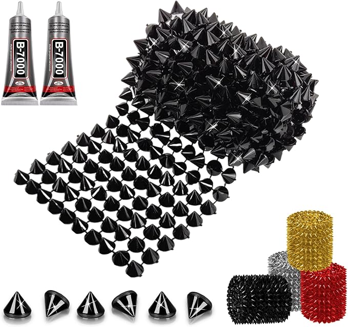 1 Yard Spike for Crafts Stude for Clothing, Black Spike Stud with Glue, Cone Flatback Plastic Trim Mesh for Holloween Party Decoration Costume DIY Crafts