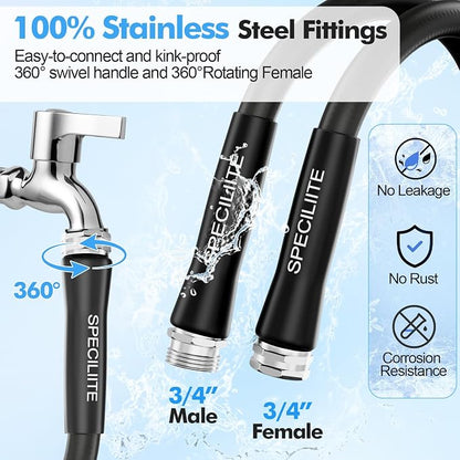 SPECILITE 5/8" Hot/Cold Garden Hose 200 ft with Industrial High Pressure Nozzle, Flexible & Lightweight, 600psi Burst Rubber Water hose -50℉-158℉ With 3/4"Stainless Steel Fittings for Yard, Black