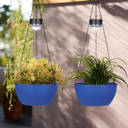 BAYN 2 Packs Solar Hanging Basket Planters for Plants Outdoor | Self Watering, Blue Flower Pots with Solar Light , Hanging Planters with Drainer for Balcony Patio Garden Decoration