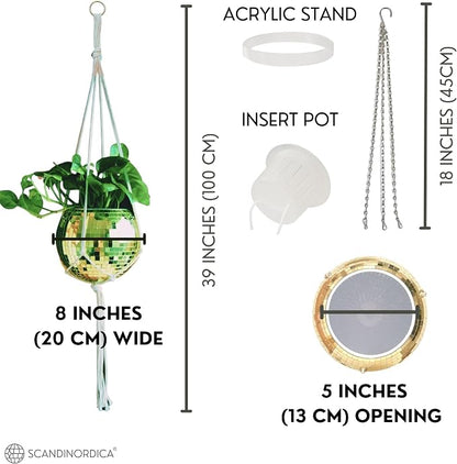 SCANDINORDICA Disco Ball Planter – Disco Ball Plant Hanger, Mirror Disco Planter with Chain, Macrame Hanger, Acrylic Stand and Insert Pot, Hanging Planter | Disco Ball Decor – 20 cm (8“) Gold