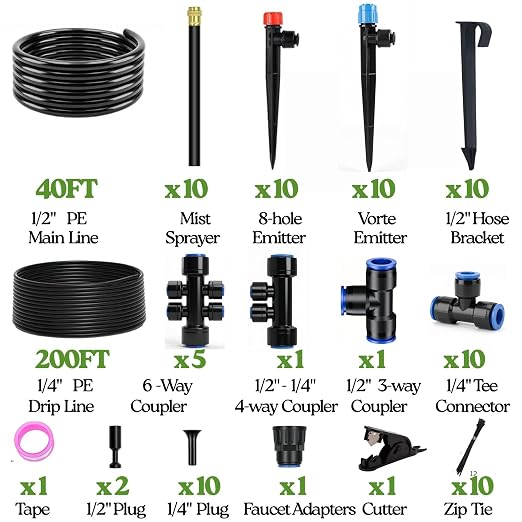 240FT Drip Irrigation System for Garden: Quick Connect 1/2" OD 5/16" ID PE Main Tubing Automatic Sprinkler Kit Adjustable Misting Part 1/4" Watering Hose for Outdoor Raised Bed Plants Flower Yard