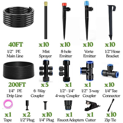 240FT Drip Irrigation System for Garden: Quick Connect 1/2" OD 5/16" ID PE Main Tubing Automatic Sprinkler Kit Adjustable Misting Part 1/4" Watering Hose for Outdoor Raised Bed Plants Flower Yard