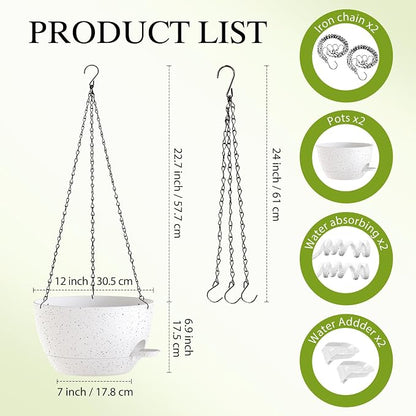 12 Inch Hanging Baskets 2 PC with Chains, Self-Watering Hanging Planters for Indoor Outdoor Plants, Plastic Hanging Flower Pots,Speckled White