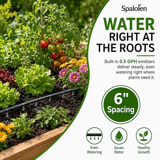 1/4" Drip Irrigation Dripline Tubing 100FT, Built-in 0.5 GPH Emitters Every 6", Drip Line with 1/4" Fittings, Saving 80% Water, No Extra Drippers Needed for Raised Bed Garden Rows Flower Beds