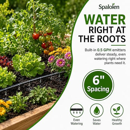 1/4" Drip Irrigation Dripline Tubing 100FT, Built-in 0.5 GPH Emitters Every 6", Drip Line with 1/4" Fittings, Saving 80% Water, No Extra Drippers Needed for Raised Bed Garden Rows Flower Beds
