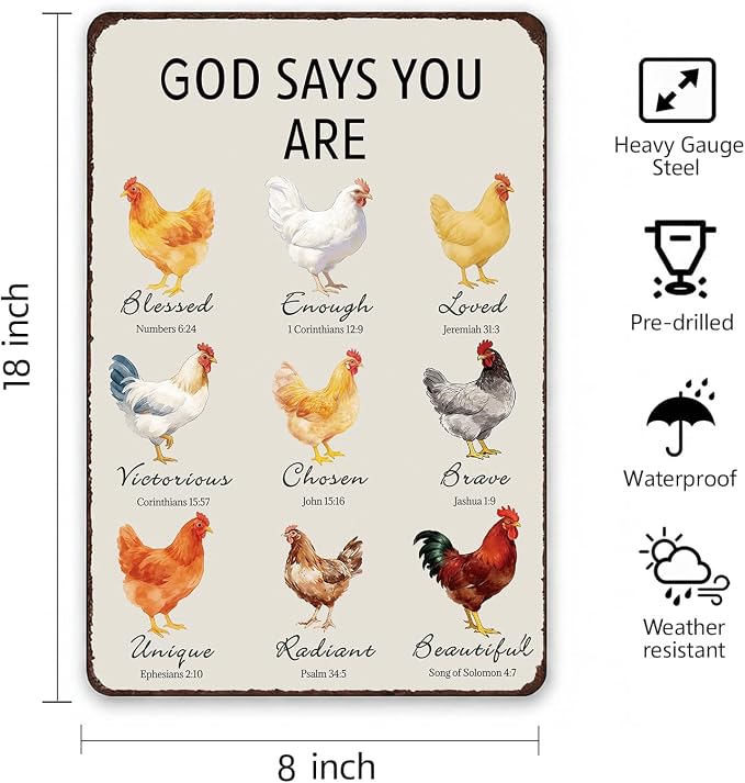 Christian Chicken Tin Sign Bible Verse 8x12 Inch, Watercolor Rooster “God Says You Are” Metal Wall Decor, Religious Encouragement Gift for Farmhouse, Kitchen, Garden, Coop and Chicken Lovers