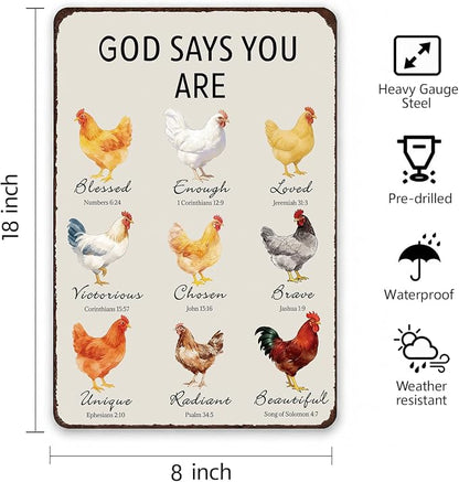 Christian Chicken Tin Sign Bible Verse 8x12 Inch, Watercolor Rooster “God Says You Are” Metal Wall Decor, Religious Encouragement Gift for Farmhouse, Kitchen, Garden, Coop and Chicken Lovers