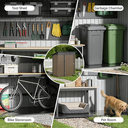 COMHOMA Shed Outdoor Storage Shed Metal,Lockable Doors Tool Sheds with Sloping Roof,Steel Garden Shed with Air Vent for Backyard,Patio,Lawn,Poolside(Brown,5'*3')