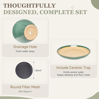 9.5 Inch Ceramic Plant Pot with Drainage Hole Mesh Net,Modern Gardening Pots for Indoor Plants with Saucer, Blue-Green