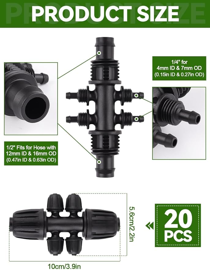 20PCS Locked Barbed Tee Connectors, Kalolary 1/2” to 1/4” Drip Irrigation Fittings Kit 12/16mm to 4/7mm Tube Lock Female Connector 6-Way Barbed Lock Irrigation Parts for Watering System (Black)