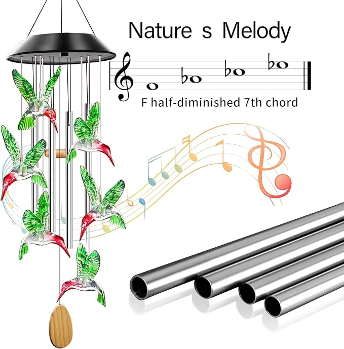 Solar Hummingbird Wind Chimes with 4 Music Aluminum Tubes | Wind Chimes for Outside,Best Gifts for Mom Grandma Women Wife Aunt Sister, Unique Mobile Wind Chime, Garden Yard Decor