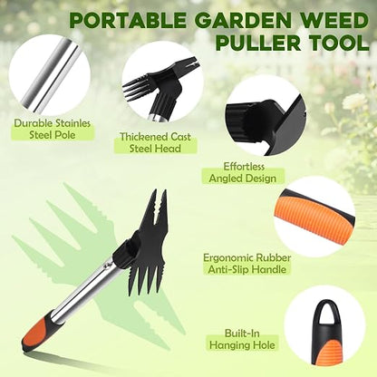17" Hand Weeding Tool - 2 in 1 Manual Uprooting Weed Puller and Weeding Rake, Heavy Duty Grass Remover Tool, Gardening Weed Pulling Tools for Yard, Lawn, Patio and Garden