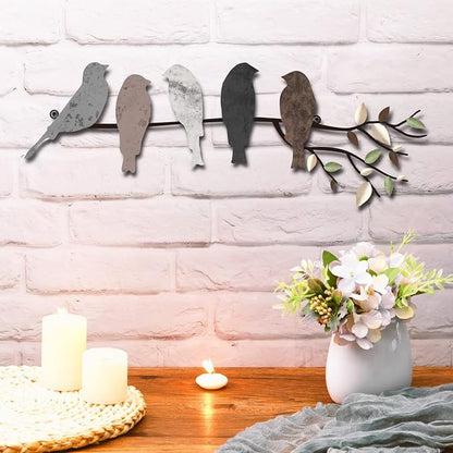 Ferraycle Metal Bird Wall Art - Birds on Branch with Leaves - Metal Sculpture Wall Hanging Sign for Balcony, Garden, Home Decor(Dark Colors)