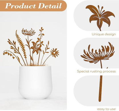 8-Piece Wildflower Metal Flower Garden Stakes | Flower Bed Accent, Pot and Patio Display, Rustic Metal Finish, Yard Art Style