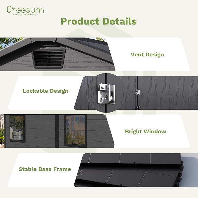 Greesum 6x8FT Plastic Outdoor Storage Shed with Floor, Resin Sheds with Lockable Double Door, Tool Sheds with Window and Vents, for Garden, Yard, Patio, Dark Gray