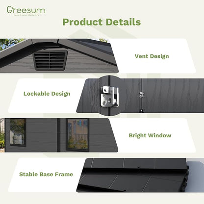 Greesum 6x8FT Plastic Outdoor Storage Shed with Floor, Resin Sheds with Lockable Double Door, Tool Sheds with Window and Vents, for Garden, Yard, Patio, Dark Gray