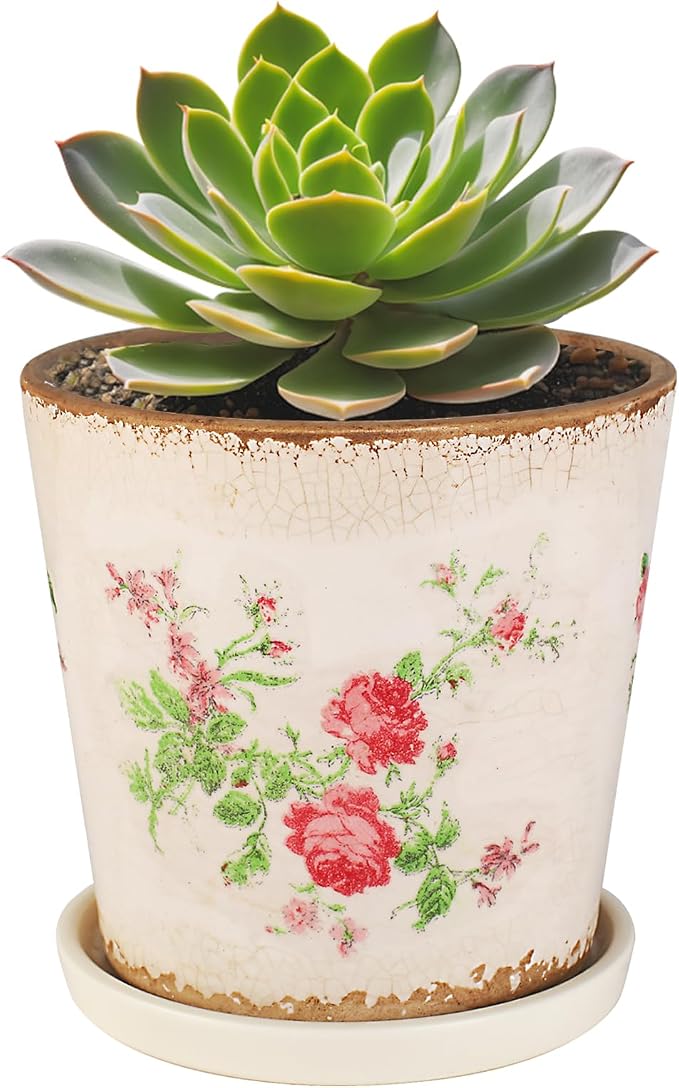 Ceramic Flower Pots For Indoor Plant, 5.5 Inch Small Ice Crack Plant Pots With Drainage Hole & Saucer, Decorative Vintage Planters For Succulent Herb Cactus Mint Basil, Garden Pot For Home Decor
