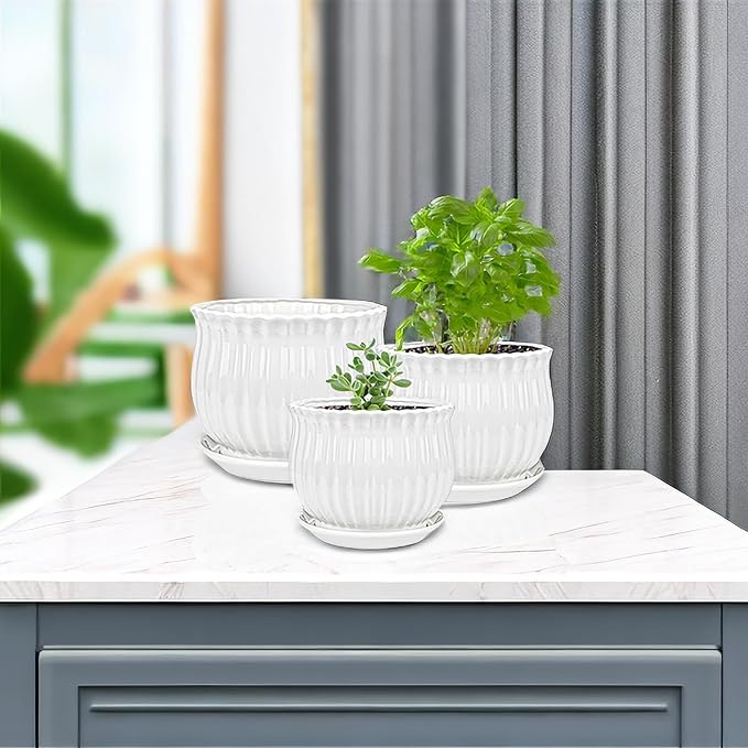 Yesland 3 Pack Ceramic Planter Pots, 3.9"/5.3"/6.7" Modern Round Flower Pots with Drainage Holes & Saucers, Small Indoor Planters for Succulent Cactus, Home Decor Gift