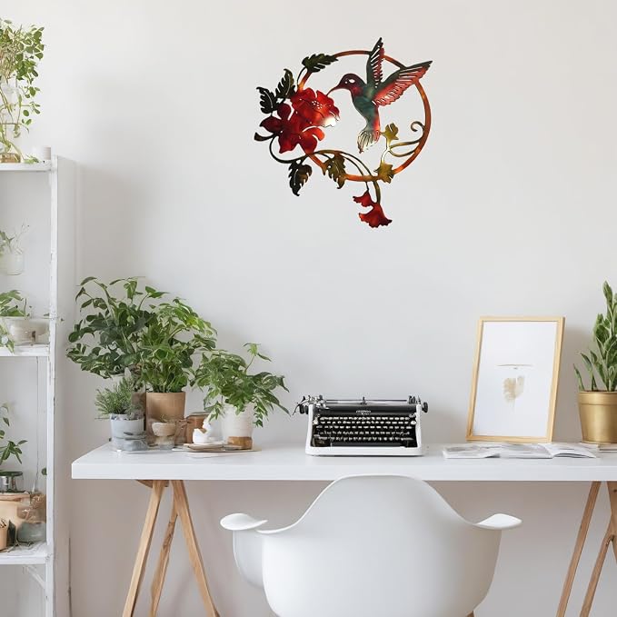 Zoihet Round Metal Bird Wall Art Decor - Hummingbird Wall Art Silhouette for your patio, garden, and fence Art Decor, Bird Wall Silhouette Indoor and Outdoor Hanging (Red)