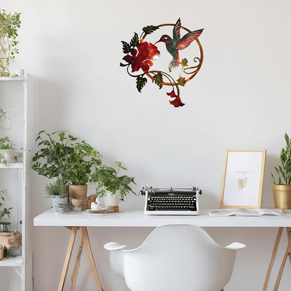 Zoihet Round Metal Bird Wall Art Decor - Hummingbird Wall Art Silhouette for your patio, garden, and fence Art Decor, Bird Wall Silhouette Indoor and Outdoor Hanging (Red)