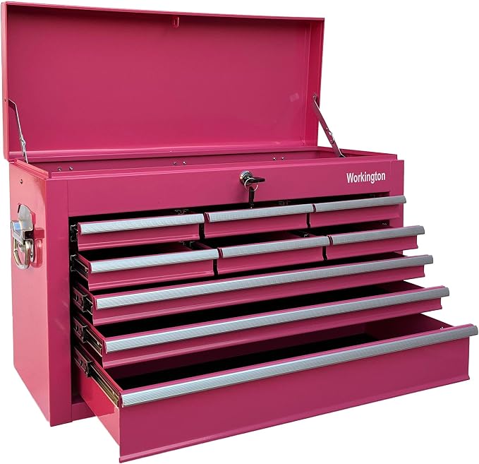 Workington Portable Metal Tool Chest with 9 Drawers, 24" 9-Drawer Tool Chest Cabinet with Ball Bearing Drawer Slides, Steel Tool Storage Box Organizer 4006 Pink