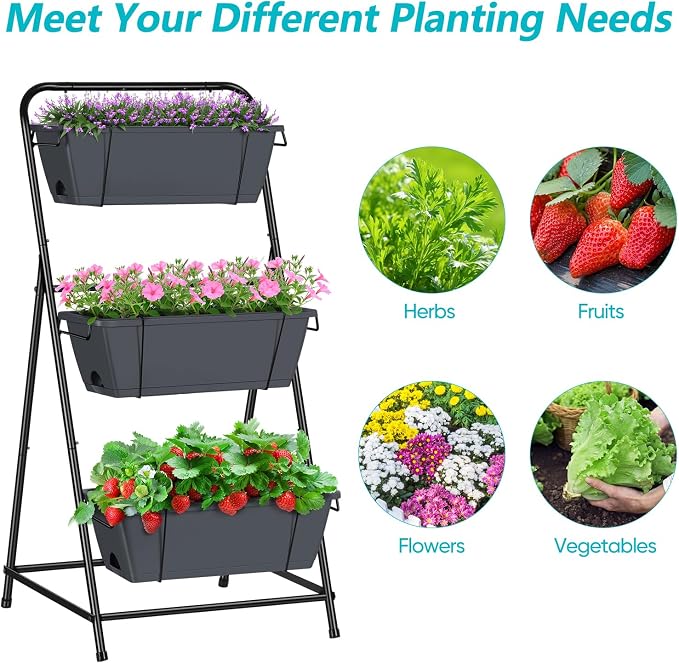 Vertical Garden Planter 3 Tier Raised Garden Bed Herb Planter Outdoor Standing Garden Planter Box with Drainage Holes Removable Tray for Patio Balcony Porch Grey