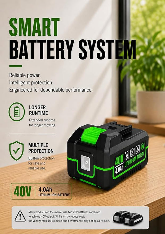 40V Cordless Lawn Mower, 16-Inch Brushless Electric Push Mower with 4.0Ah Battery & Charger, 2-in-1 Mulching and Bagging, 5-Position Height Adjustment, Lightweight Foldable Design, Viridian