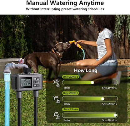 Uzoli 2-Zone Sprinkler Timer for Garden Hose, Programmable Water Timer with Automatic & Manual Mode, Rain Delay, IP55 Waterproof for Yard, Lawn, Pool